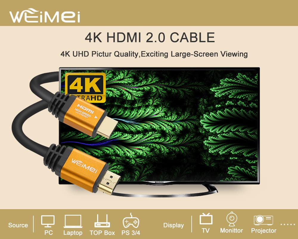 6 Feet 4K HDMI Cable 2.0 HDMI Cord Support 4K@60Hz UHD 2160P Ethernet 3D ARC with Gold-Plated Connector and Bare Copper Conductor