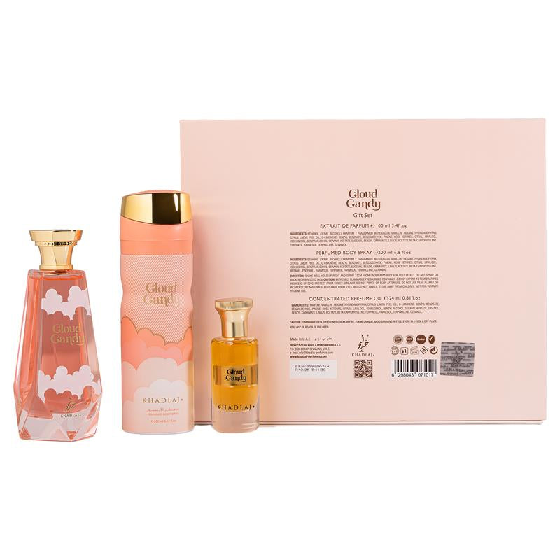 Khadlaj Cloud Candy for Unisex 3 Piece Gift Set (3.4 Ounce, Eau De Parfum Spray + 6.8 Ounce, Perfumed Body Spray + 0.34 Ounce, Eau De Parfum Travel Spray)