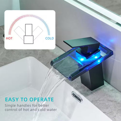 Single Handle Single Holewaterfall Bathroom Vessel Faucet with Led Light in Matte Black