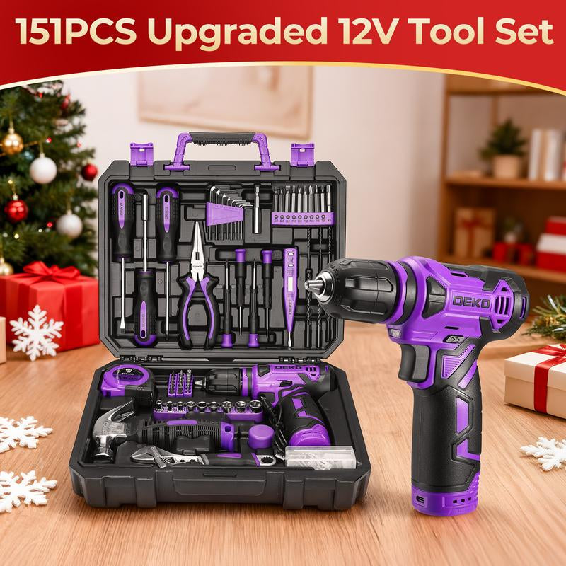 DEKOPRO 126-Piece Pink Household Tool Set with 8V Cordless Drill, Rechargeable Battery, All-In-One Compact Tools Kit, Perfect Christmas Gift, Ideal for Home Repairs & DIY Projects
