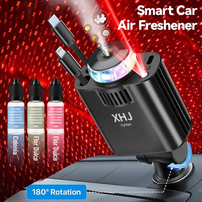 XHJ Starlight Car Air Freshener & Diffuser with Retractable Charger,Dual USB Ports Aromatherapy Freshener,Ambient Lighting,Complete Gift Set for Men,12-24V Compatibility