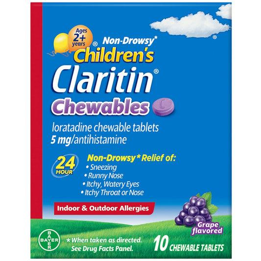 Children's Claritin 24-Hour Non-Drowsy Allergy Relief, 5mg Loratadine, Grape Flavor, 10 Chewable Tablets