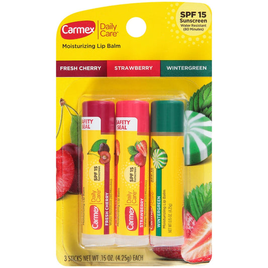 Carmex Daily Care Lip Balm Stick, Assorted Flavors, 3 Count – SPF 15 Moisturizing Lip Protection