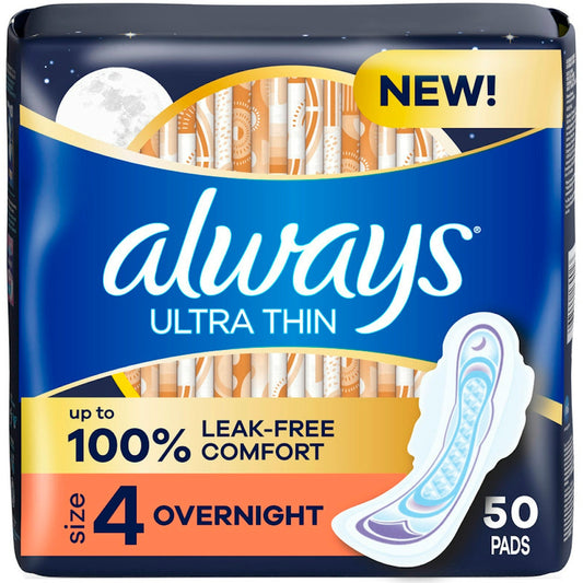 Always Ultra Thin Pads with Wings, Size 4 Overnight, Unscented, 50 Count