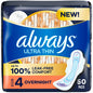 Always Ultra Thin Pads with Wings, Size 4 Overnight, Unscented, 50 Count