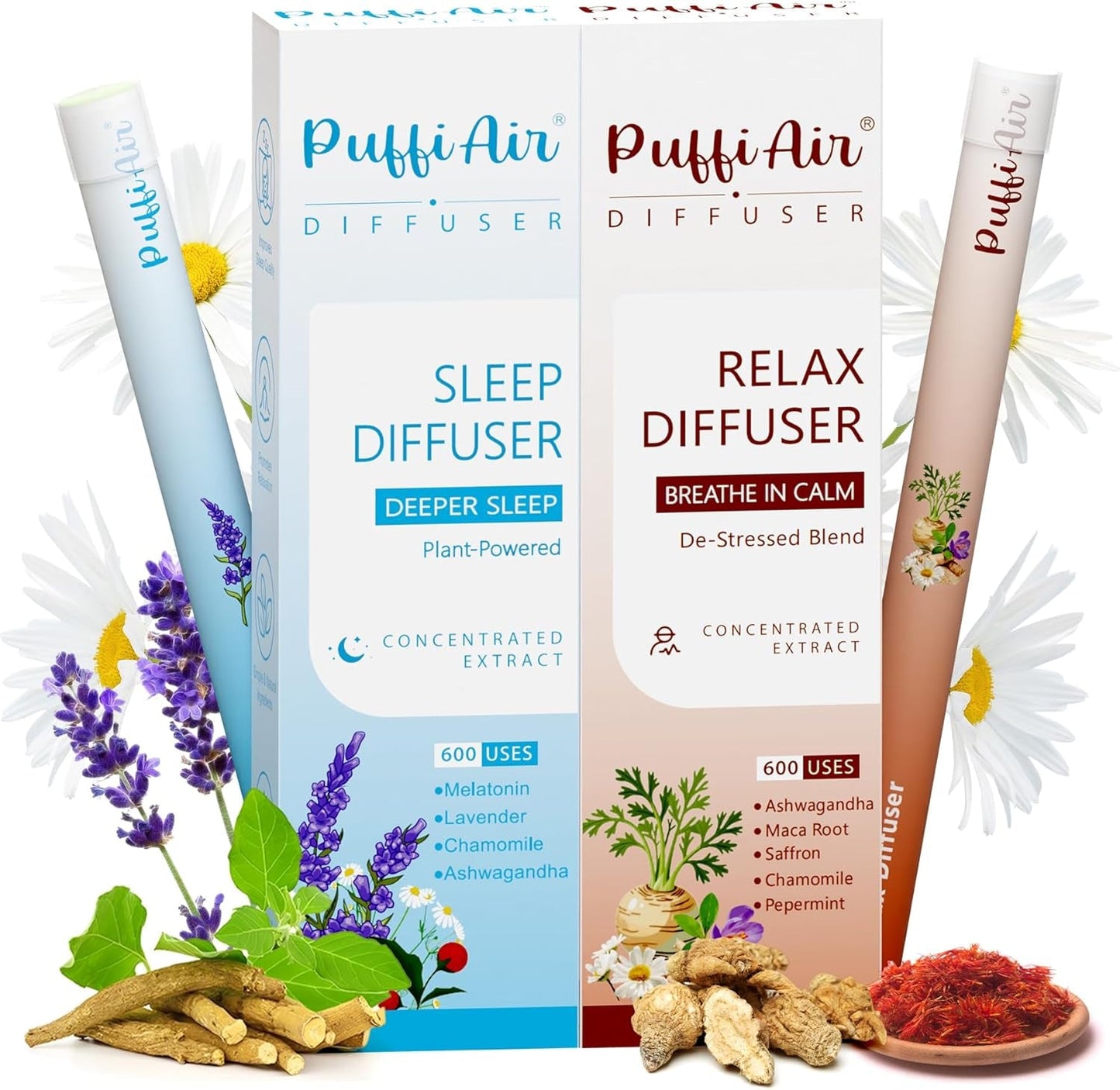 Herbal Diffuser Duo, Sleep and Relax Diffuser Pens with Extract of Melatonin, Chamomile and Other Biotanicals, 100% Natural Swap - up to 600 Uses (Varies by Usage), Stress Relief Duo