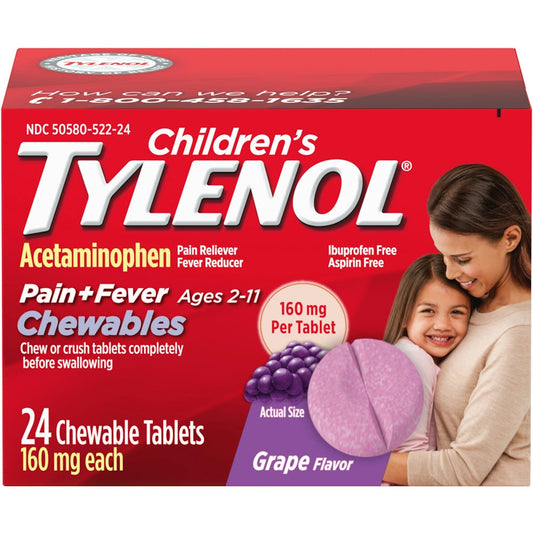 Children’s Tylenol® Chewable Tablets – Pain & Fever Relief (160 mg, Grape Flavor)