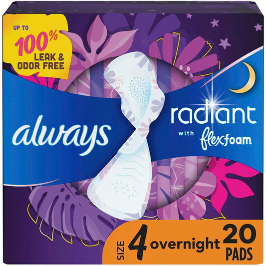 Always Radiant Feminine Pads with Wings, Size 1 Regular, 20 Count - FlexFoam Protection