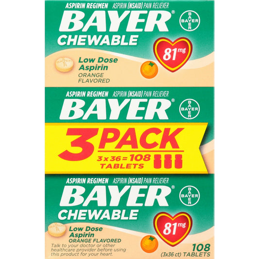 Bayer Aspirin  81 Mg Chewable Tablets Orange 36Ct 3 Pack