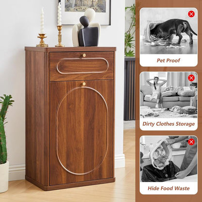 Giratree Tilt Out Trash Can Cabinet, Wood Kitchen Garbage Bin with Drawer, Fluted 10 Gallon Laundry Hamper Cabinet, Farmhouse Hidden Trash Can for Kitchen, Living Room