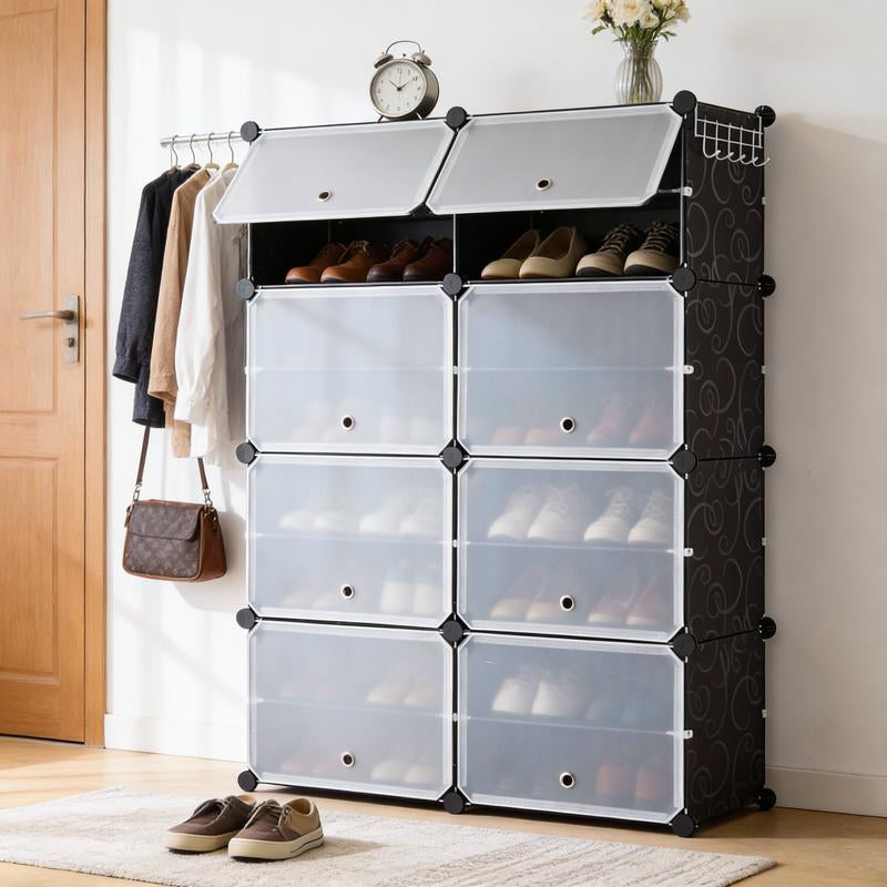 【NEW YEAR Deal】6/8-Tier Shoe Cabinet, 24/32-Tier Capacity, with Side Hooks, Sturdy Metal Frame, and Black and White Plastic Panel Shelves. Suitable for Entryways, Living Rooms, and Walk-In Closets