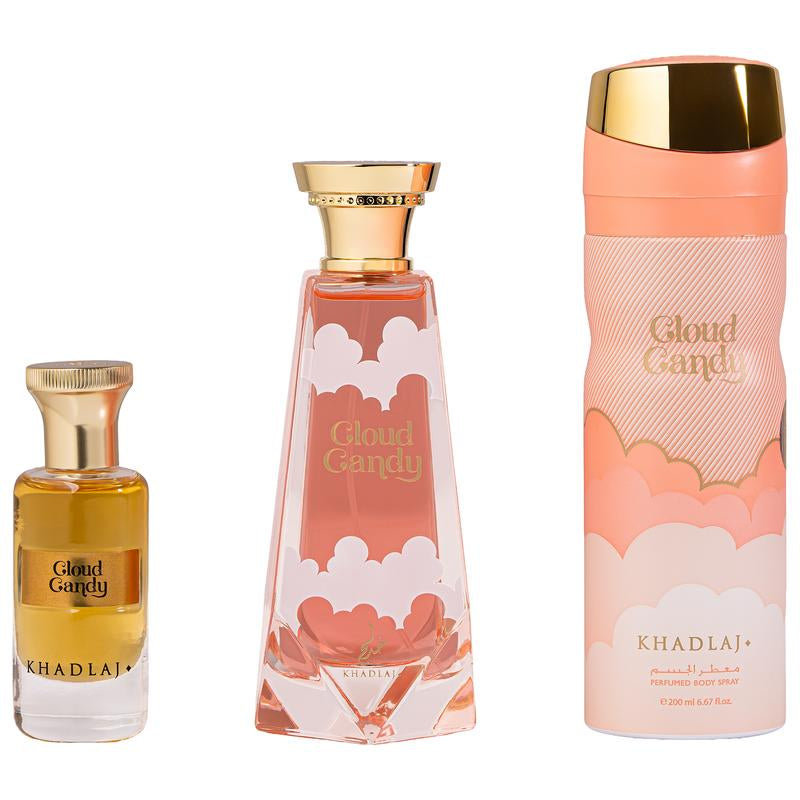 Khadlaj Cloud Candy for Unisex 3 Piece Gift Set (3.4 Ounce, Eau De Parfum Spray + 6.8 Ounce, Perfumed Body Spray + 0.34 Ounce, Eau De Parfum Travel Spray)