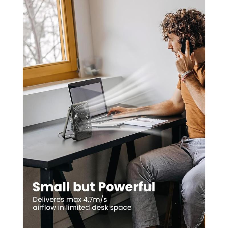 USB Desk Fan, Strong Wind Ultra Quiet Small Personal Fan with 180° Tilt Folding and 3 Speeds Adjustable, USB-C Corded Powered Mini USB Fan for Office Desktop Bedroom