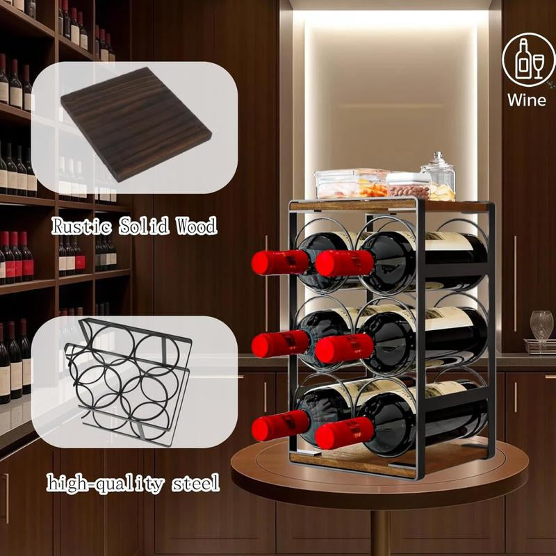 SUOERNUO Wood Countertop Wine Rack No Assembly Needed 6-Bottle Capacity Black & Rustic Brown Metal & Wood Construction Rust-Resistant Powder Coating Freestanding Storage Solution