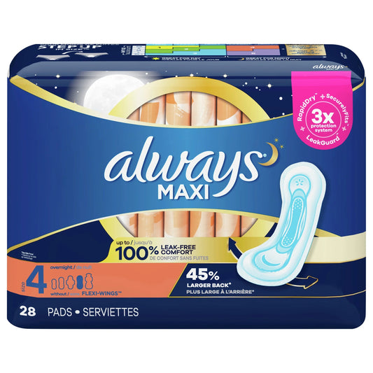 Always Maxi Size 4 Overnight Pads with Wings, 28-Count Pack of 6