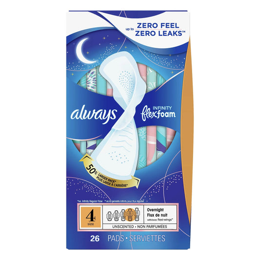 Always Infinity FlexFoam Pads, Size 4 Overnight with Wings 26 Count