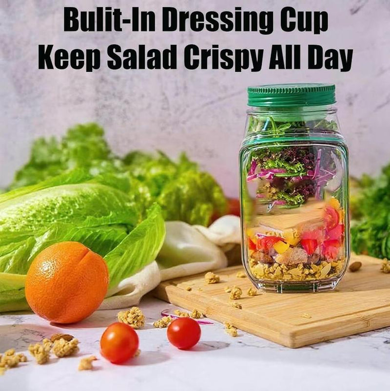 Portable Salad Storage Jar Container with Leakproof Dressing Compartment,Environmentally Friendly Plastic Materials,Microwave/ Dishwasher/Freezer Safe,Suitable for Home, Outdoor, Travel and Party, Work,Fitnessportable,Keeps Food Fresh Ransparent Bowl