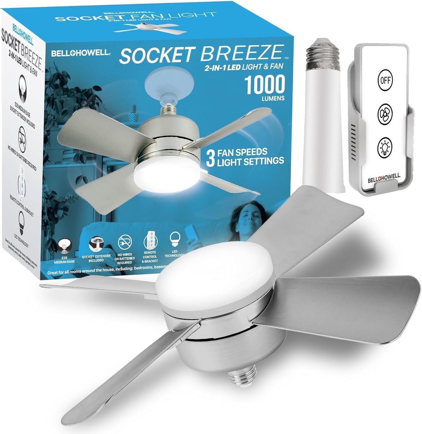Bell+Howell Socket Breeze Modern Ceiling Fans with LED Lights, 10" LED E26/E27 Screw Base Mini Light Socket Fan with Cord for Bedroom, Living Room, Kitchen, Balcony