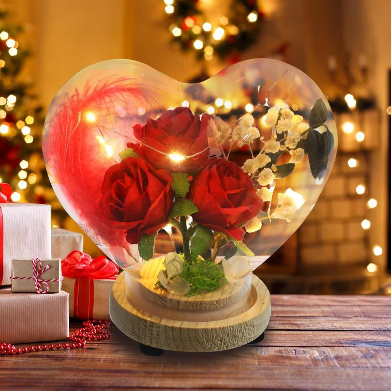 Handmade Rose Heart Glass Case with LED Lights & "I Love You" Necklace in 100 Languages Perfect for Valentine'S Day Anniversaries Birthdays Christmas Gifts for Women