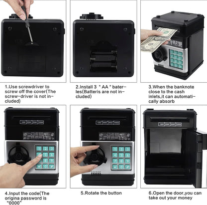 HUSAN Piggy Bank for Kids, Electronic Password Code Money Bank ATM Bank Box Coin Bank for Children Boys and Girls (Black)