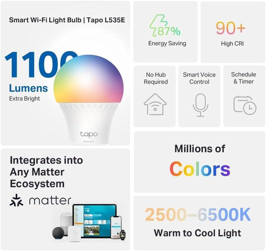 Tp-Link T& Tapo L535E(4-Pack) Smart Light Bulbs, 1100 Lumens High Brightness (75W Equivalent), Matter-Certified, 16M Colors Wifi Light Bulb, Dimmable, Works W/Siri, Alexa & Google Home,A19 E26