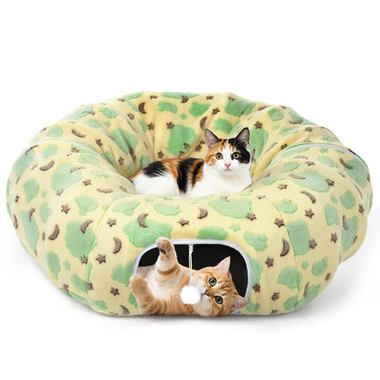 Cat Tunnels for Indoor Cats, 35'' Plush Cat Tunnel Bed Christmas Tree Skirt with Playful Ball and Circle Cushion, Foldable Peekaboo Cave, Interactive Toy