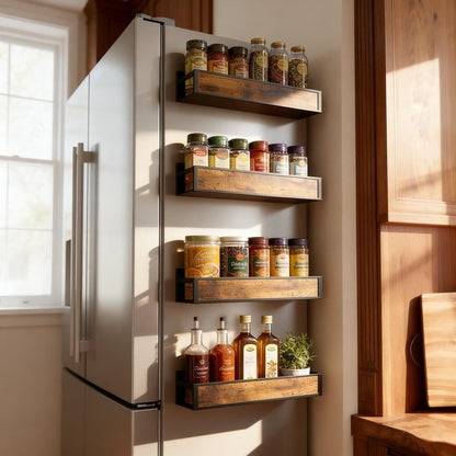Magnetic Refrigerator Organizer Shelf｜No Drill Fridge Side Spice Rack｜Carbon Steel Magnetic Storage with Wood-Grain Look｜Strong Hold Space Saving Kitchen Organizer for Small Kitchens