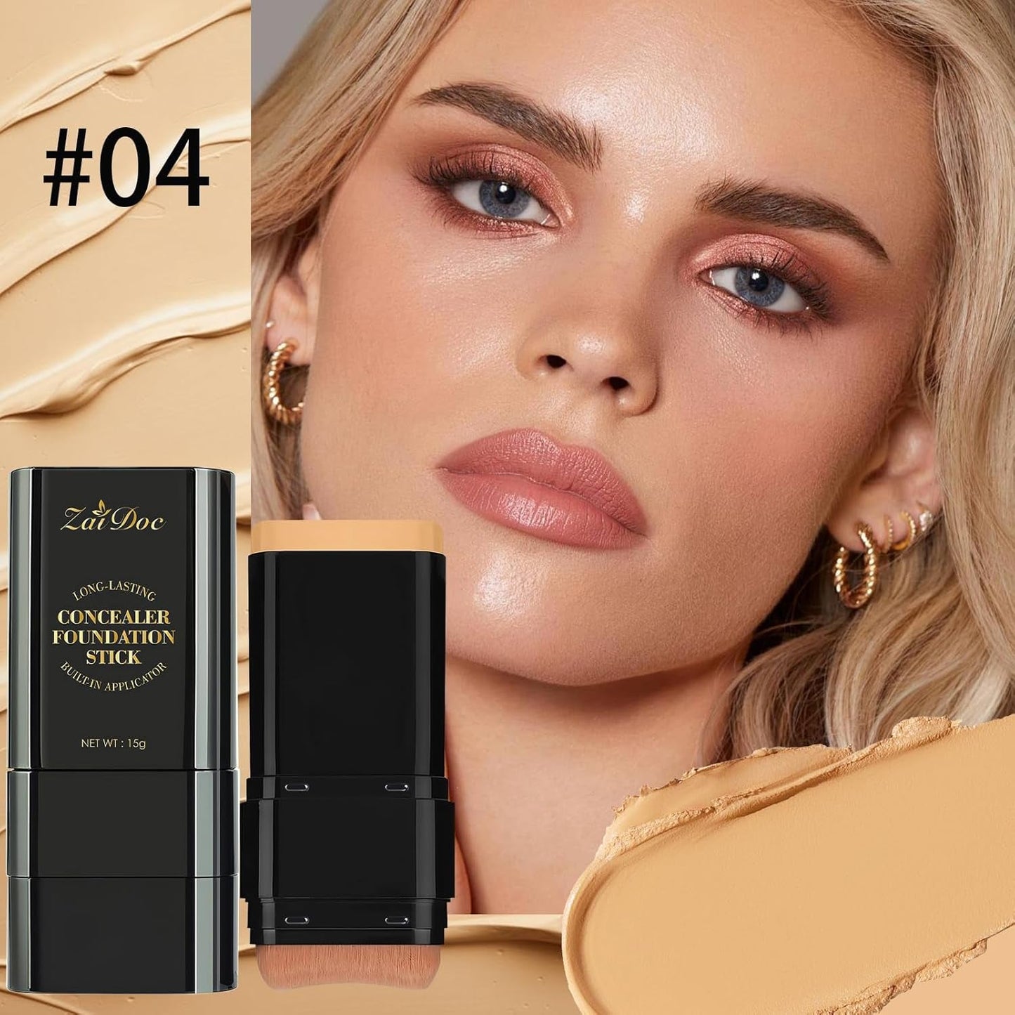 Foundation Stick, Dual-Ended with Brush, 2-In-1 Longwear & Waterproof, Natural Full Makeup Concealer Coverage for Dark Circles & Blemishes with Hydrating Olive & Camellia, 2.09 Oz (04#)
