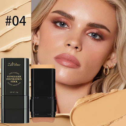 Foundation Stick, Dual-Ended with Brush, 2-In-1 Longwear & Waterproof, Natural Full Makeup Concealer Coverage for Dark Circles & Blemishes with Hydrating Olive & Camellia, 2.09 Oz (04#)