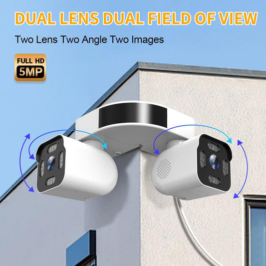 Dual Lens Outdoor Safety Cameras 5MP House Cameras Monitoring Wired Plug-In | Wireless Wifi Camera Two-Way Audio Auto Tracking 7/24 Recording Color Night Vision Cloud & SD Card Storage.
