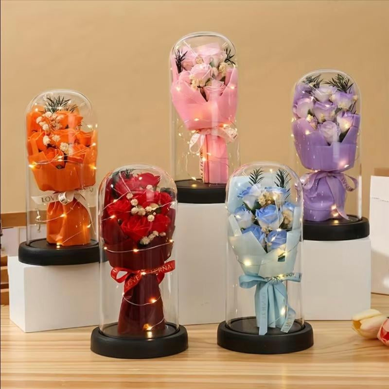 Eternal Rose Soap Flower Bouquet with LED Glass Dome – Romantic Gift Decor
