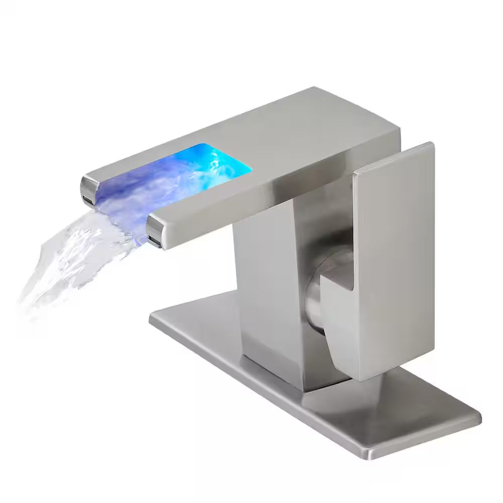 Single Handle Single Hole LED Bathroom Faucet with Deckplate Included Waterfall Bathroom Sink Faucets in Brushed Nickel