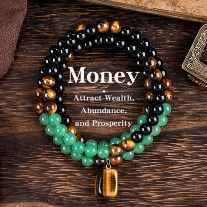 ARPURRAINA Money Attraction Necklace with Greenaventurine & Tiger Eye Pendant Healing Crystal Stone ，Anniversary, Vacation &Theme Parties Jewelry Charms Abundance Crystal Bracelet，Long Chain，Sweater Chain，Ideal Gift Jewelry for Men and Women