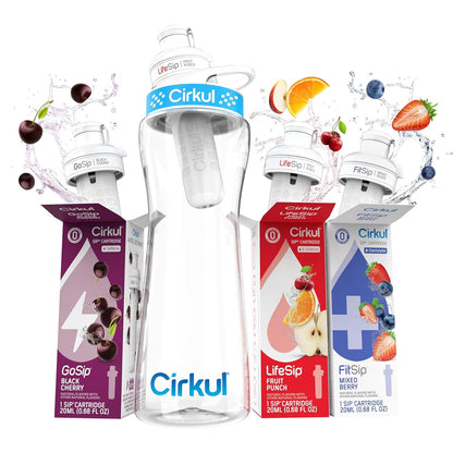 Cirkul 22Oz. Bpa-Free Plastic Water Bottle Starter Kit with Blue Lid, 3 Flavor Cartridges (1 Lifesip Fruit Punch, 1 Fitsip Mixed Berry, 1 Gosip Black Cherry) Zero Calories and No Sugar