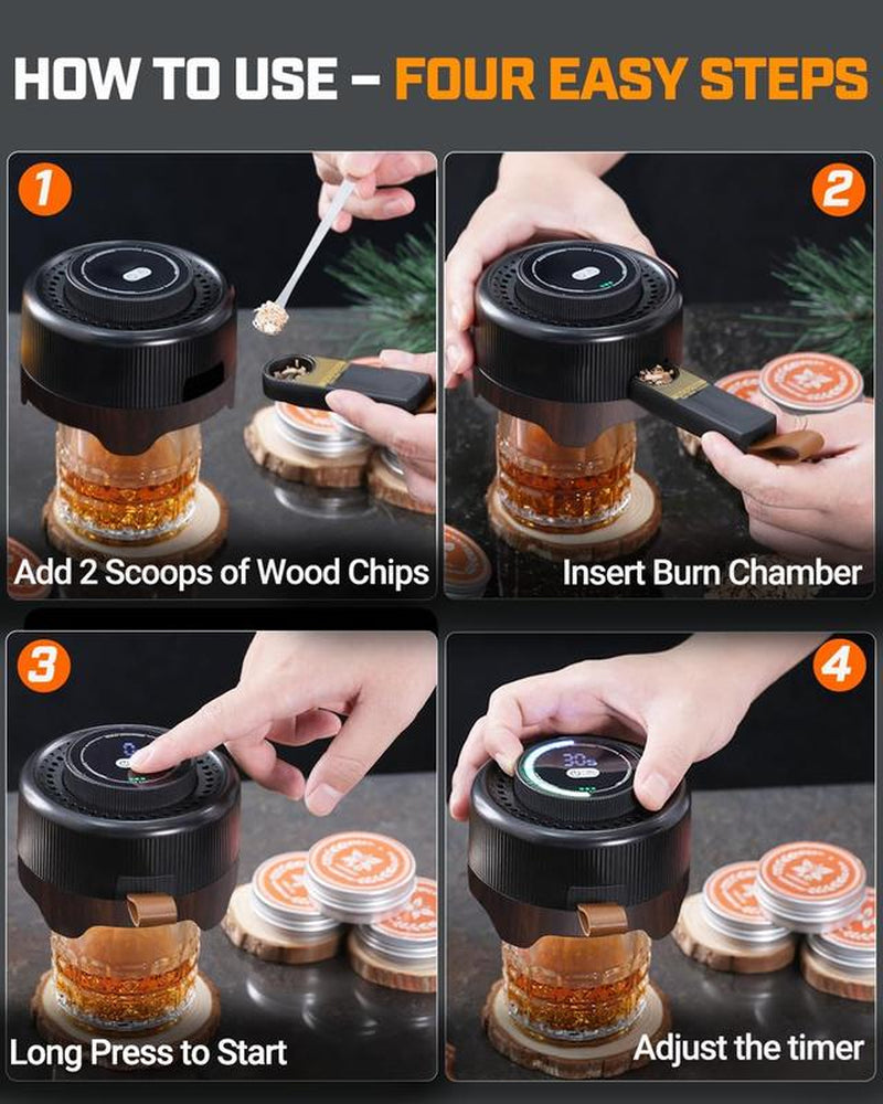 Electric Whiskey Smoker Kit with Adjustable Smoke Control (0–60S), Cocktail Smoker Kit with 6 Wood Chips, No Butane Needed, Old Fashioned Smoker Kit, Bourbon Gifts for Men, Wood Grain