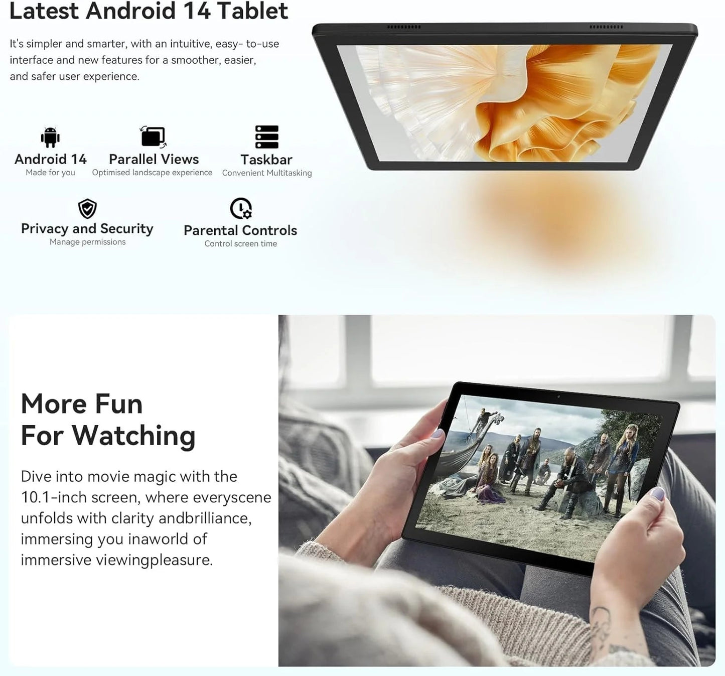 Android 14 Tablet with Rechargeable Stereo Speaker Audio Base, 10 Inch Tablet with HD IPS Touch Screen, Otca-Core, 14GB RAM 64GB ROM 1T Expand, Wi-Fi 6, BT 5.3, Dual Camera, Google Tablet