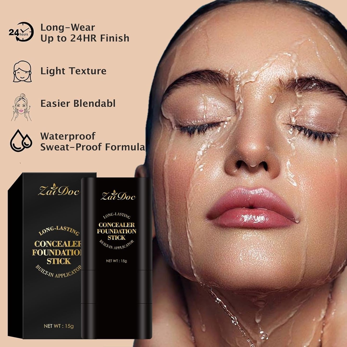 Foundation Stick, Dual-Ended with Brush, 2-In-1 Longwear & Waterproof, Natural Full Makeup Concealer Coverage for Dark Circles & Blemishes with Hydrating Olive & Camellia, 2.09 Oz (04#)