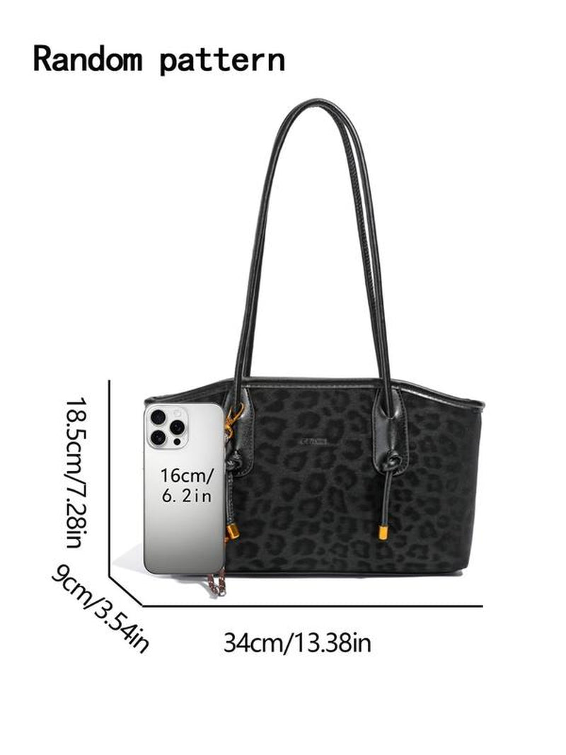 Fashionable and Trendy Leopard Print Tote Bag, Casual and Versatile One-Shoulder Handbag, Textured and Stylish One-Shoulder Commuter Bag, Paired with Exquisite Pendants, Suitable for Dating, Shopping and Other Occasions, Elegant Embossed Bag