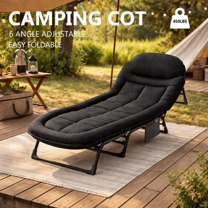 Camping Cot for Adults, 6 Angle Adjustable Folding Camping Bed with Mattress, Foldable Camping Bed for Camp, Office, Outdoor, Lightweight Camping Cot with Carry Bag Supports 450 Lbs