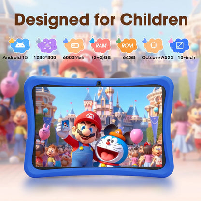 10.1 Inch Android 15 Kids Tablets 2025,6GB RAM + 64GB Rom,Parent Control Kids Education Children Tablet with Wifi,Kid-Proof Case,Blue