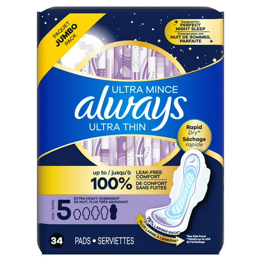 Always Ultra Thin Size 5 Extra Heavy Overnight Pads with Wings 3 Packs of 34