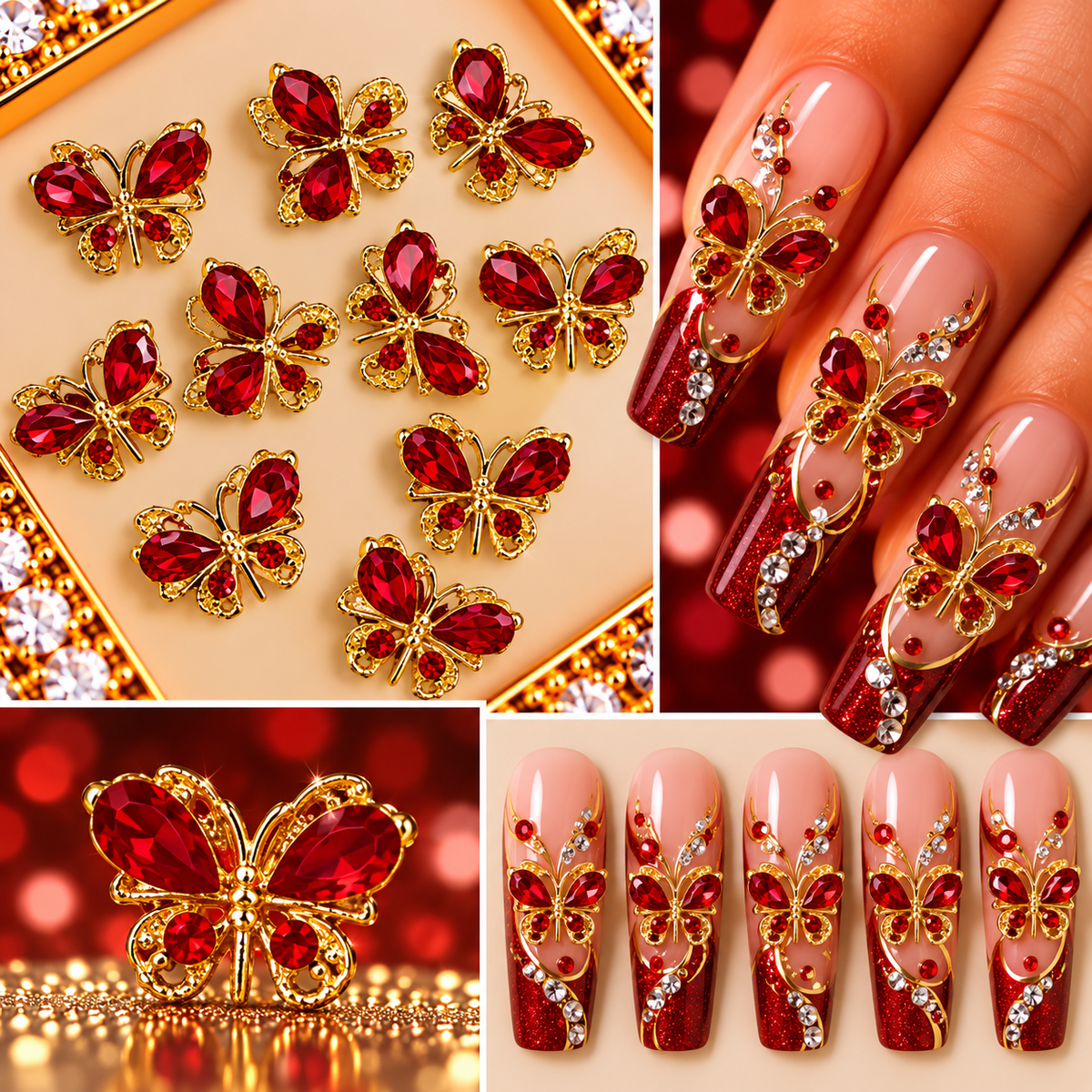 Queen - Nail Charms 10pc - #115 Gold Ruby Gem Butterflies