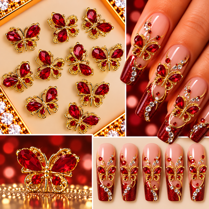 Queen - Nail Charms 10pc - #115 Gold Ruby Gem Butterflies