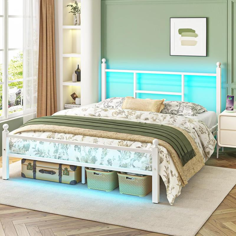 Full Size LED Bed Frame with Charging Station, Metal Platform Bed with USB Ports & Outlets, Heavy Duty Frame with under Bed Storage, Easy Assembly