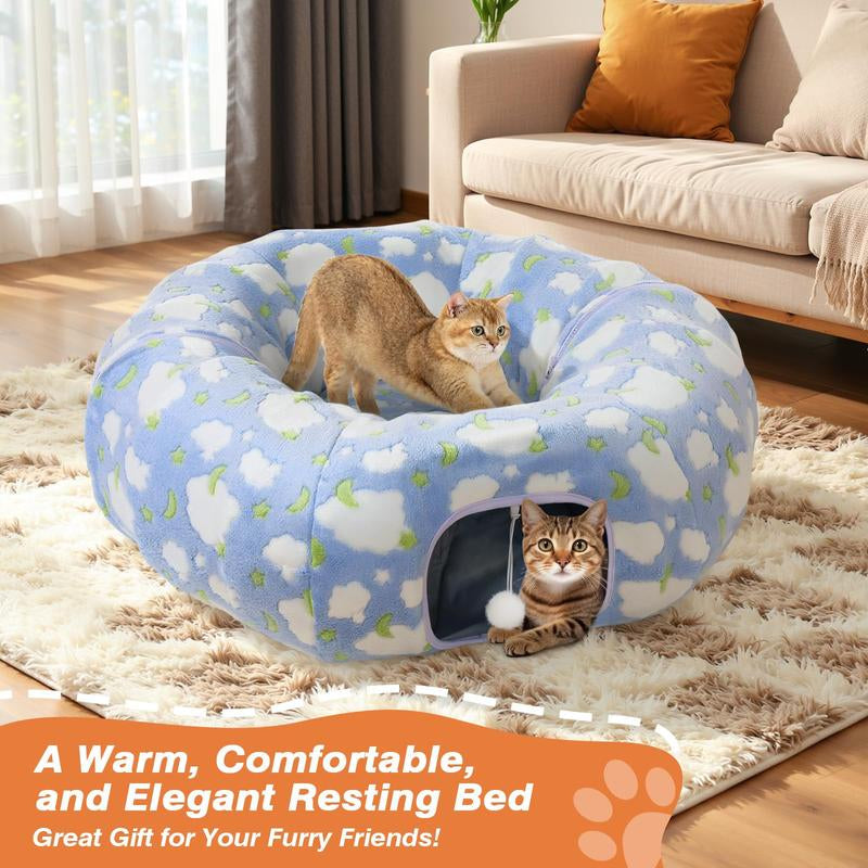 Cat Tunnels for Indoor Cats, 35'' Plush Cat Tunnel Bed Christmas Tree Skirt with Playful Ball and Circle Cushion, Foldable Peekaboo Cave, Interactive Toy