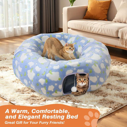 Cat Tunnels for Indoor Cats, 35'' Plush Cat Tunnel Bed Christmas Tree Skirt with Playful Ball and Circle Cushion, Foldable Peekaboo Cave, Interactive Toy