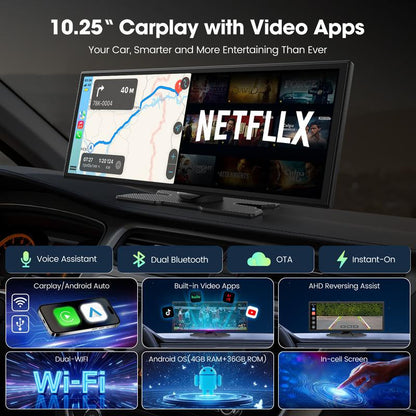 【Jumpstartsale】Lamtto 10.25-Inch Wireless Carplay Screen — Supports Tiktok, Netflix, and Youtube Apps, Split-Screen App Usage, Backup Camera Support, Navigation, and Voice Assistant. Compatible with Ios 10+ and Android 11+