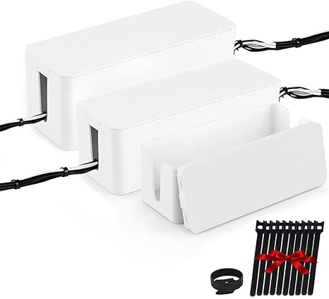[Set of Three] Cable Management Boxes Organizer, Large Storage Wires Keeper Holder for Desk, TV, Computer, USB Hub, System to Cover and Hide & Power Strips & Cords (Black)
