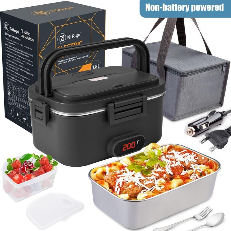 Electric Lunch Box 80W 1.5L Stainless Steel Bento Warmer with Indicator Light & Portable Tableware Set for Home Office Travel Food Quick Storage Fork 80W/1.5L/Black