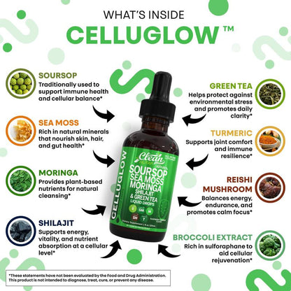 Clean Nutra Soursop, Sea Moss, Moringa, Shilajit and Green Tea for Cellular Health & Radiance Support - Celluglow